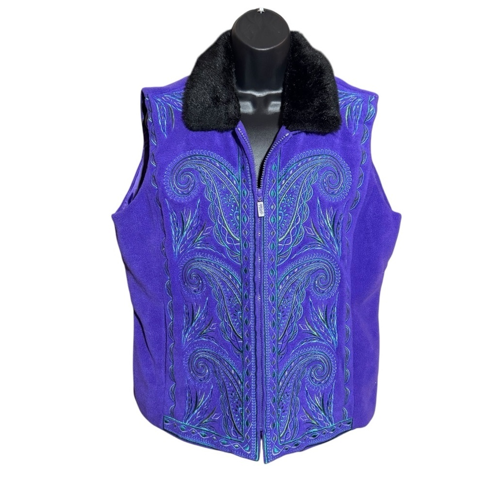 Bob Mackie Wearable Art Purple Embroidered Zip Vest Faux Fur Collar Size Large